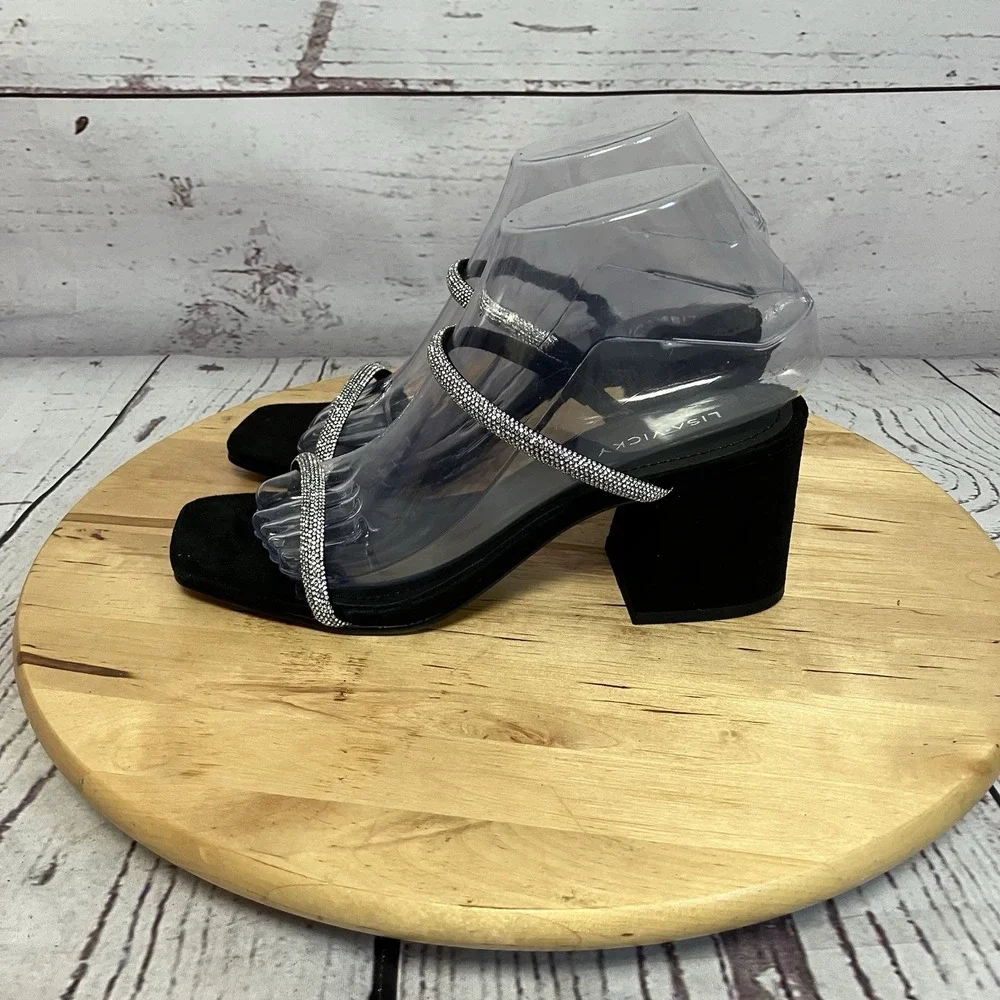 Lisa Vicky Shoes Womens Size 7M Black Hotfix Mood‎ Rhinestone Open Toe